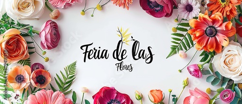 An illustration of beautiful Feria De Las Flores poster or banner with lots of flowers and space inside of it for text or product, Generative AI. photo