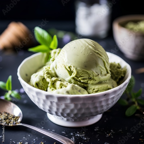 Matcha green tea gelato, vibrant green ice cream, cinematic food dessert photography 