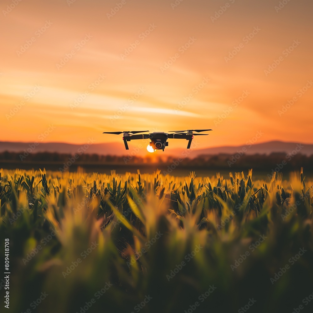 Drone flying over fields at dusk Drone flying over fields at dusk