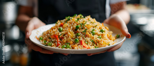 a beautiful woman's hands holding a plate of fried rice