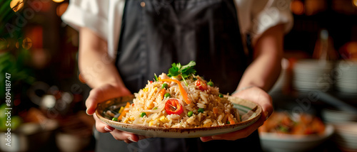 a beautiful woman's hands holding a plate of fried rice photo