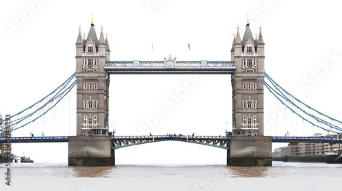 Aerial view through London Bridge, with a red bus crossing the road Tower Bridge and river Thames, London, Generative Ai