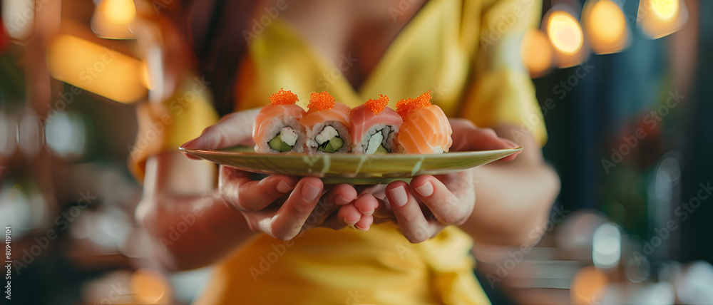 Obraz premium a beautiful woman's hands holding sushi dish