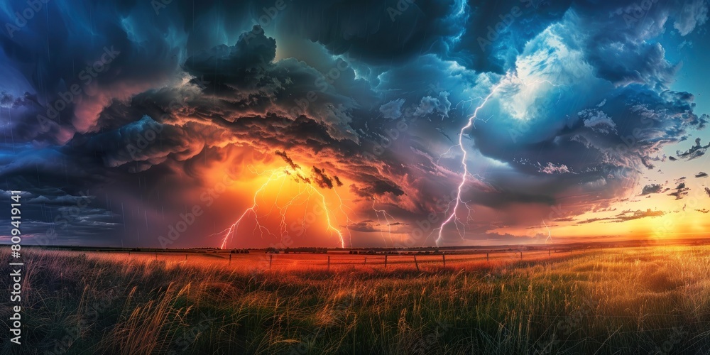A vivid scene capturing a daylight summer storm, with heavy rain cascading down as lightning forks