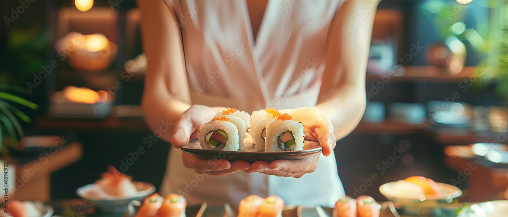 Obraz premium a beautiful woman's hands holding sushi dish