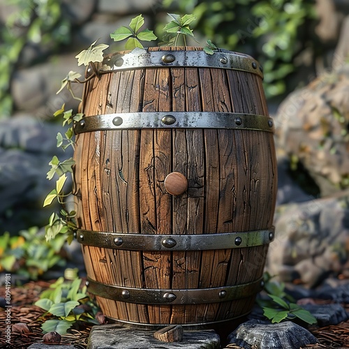This is a wooden barrel with metal hoops. It is sitting on the ground in a forest. The barrel is old and weathered. photo
