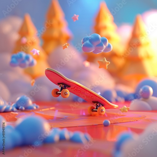 A skateboard flies through the air above fluffy clouds and colorful trees.