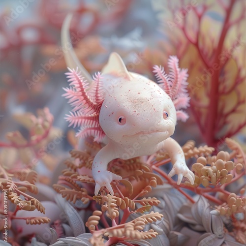Axolotl, a cute aquatic salamander with feathery gills, in an underwater garden with pink plants and rocks.