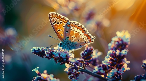 A butterfly on a flower at the sunrise morning © Unsake