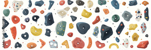 This graphic features various climbing holds depicted on a clean white background. Each climbing hold showcases different shapes, sizes, and textures, providing a comprehensive visual reference 