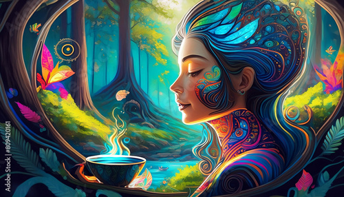 Ayahuasca, psychedelic, psychedelic tea, tea, woman, drink, spiritual, natural, Ayahuasca tea, colorful, art, illustration, transcending, hallucinatory, kaleidoscopic, consciousness-expand
