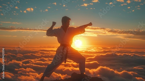 With the sun setting behind them, casting a warm glow over the clouds, the karate fighter's silhouette is striking and iconic, a symbol of resilience and determination against 