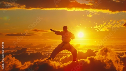 With the sun setting behind them  casting a warm glow over the clouds  the karate fighter s silhouette is striking and iconic  a symbol of resilience and determination against 