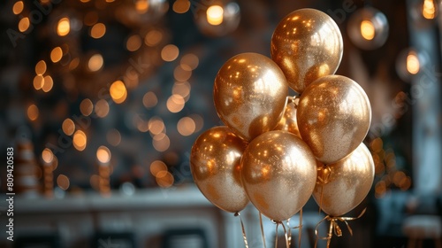 Golden balloons with festive backdrop