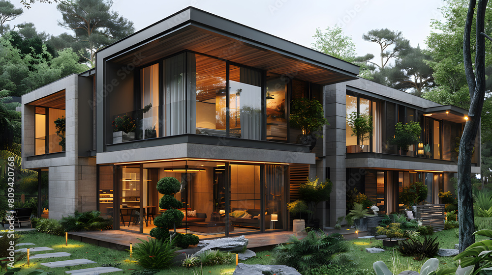Modern tiny house made from old shipping containers. Sunny day, nicely decorated house environment. Shipping container houses is sustainable, eco-friendly living accommodation or holiday home