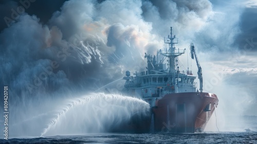 Firefighting Vessel Extinguishing a Ship Fire photo