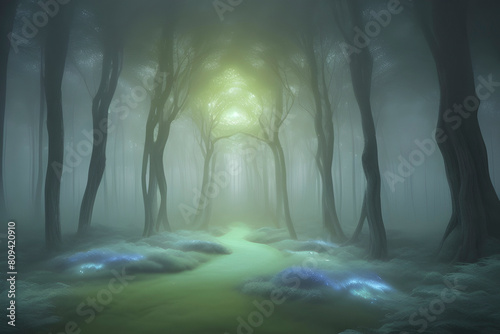 A dreamlike abstract landscape of a mystical forest.