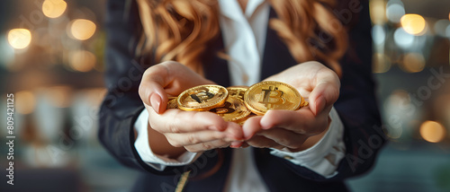 A business woman s hand holding bit coins
