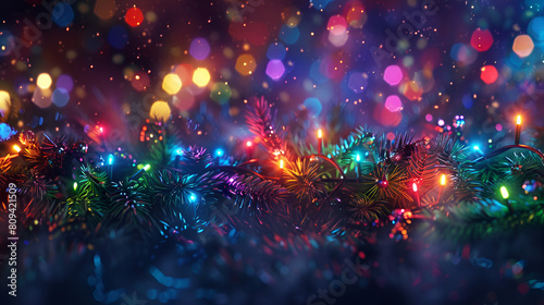 Colorful Christmas Lights Garland Decoration, Festive Xmas Illumination Background, Holiday Season Celebration Concept, Generative AI