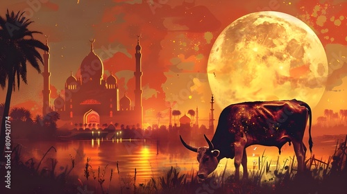 Eid Al Adha background crescent small moon and cow with traditional.vEid Al Adha Celebration: Traditional Cow and Crescent Moon. Eid Al Adha Background Cow and Crescent Moon