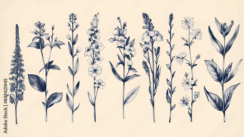 Collection of Hand Drawn Flowers and Herbs, Botanical Illustrations Set, Floral Design Elements, Natural Plant Drawings, Vintage Style, Generative AI

