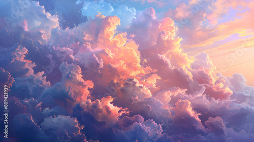 Vibrant Sunset Sky with Colorful Clouds, Majestic Nature Landscape at Dusk, Dramatic Skyline Scenery, Atmospheric Background, Generative AI