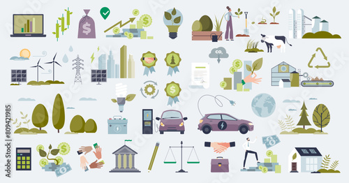 Sustainable investment or green business objects in tiny person collection set. Elements with environmental continuous manufacturing, ecological ESG practices for financial profit vector illustration