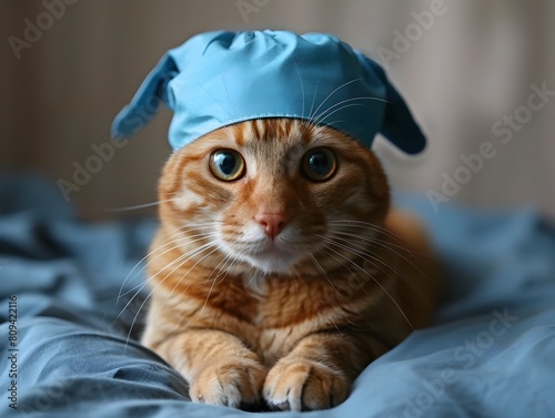 Ginger Cat Wearing Medical Cap Highlighting Customizable Pet Insurance Coverage Options © sathon