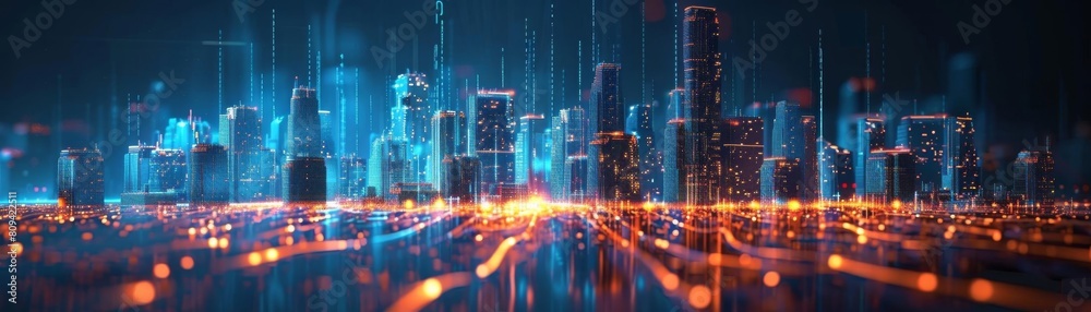 3D abstract cityscape with glowing edges, suitable for urban technology and smart city concepts
