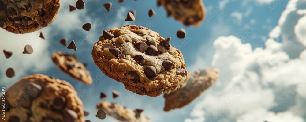Magical sky filled with floating chocolate chip cookies Magical sky filled with floating chocolate chip cookies