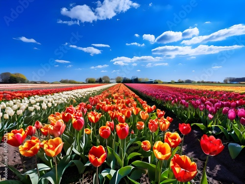 field of tulips and blue sky photo