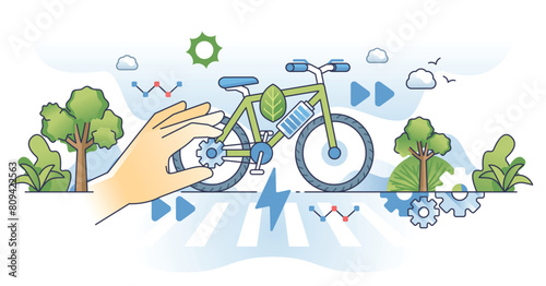 Electric bikes and bicycle powered with electricity outline hands concept. Micro mobility bike for effective and sustainable transportation in urban environment vector illustration. Cycling activity.