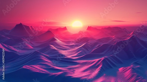 3D abstract landscape with rolling digital hills and neon sunrise, ideal for futuristic and immersive environments © Premreuthai