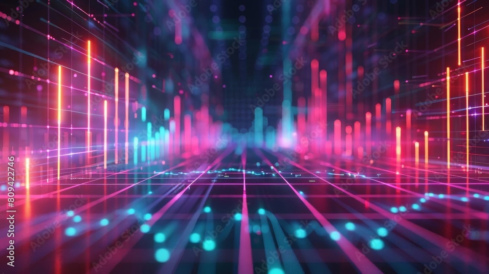 3D digital illustration of a financial graph showing stock market trends, with neon lines on a black grid, ideal for financial analysis 3D digital illustration of a financial graph showing stock market trends, with neon lines on a black grid, ideal for financial analysis