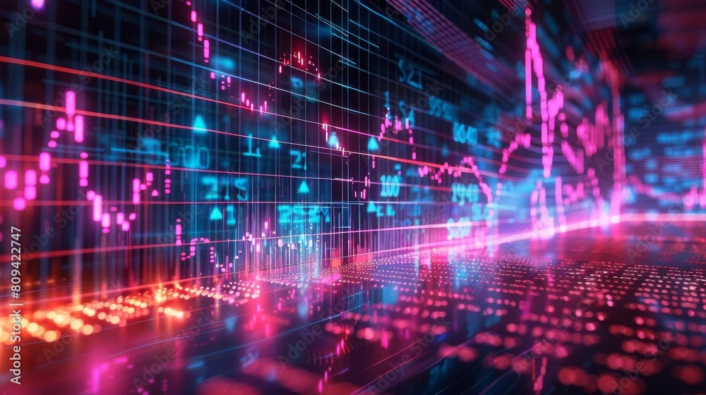 3D digital illustration of a financial graph showing stock market trends, with neon lines on a black grid, ideal for financial analysis