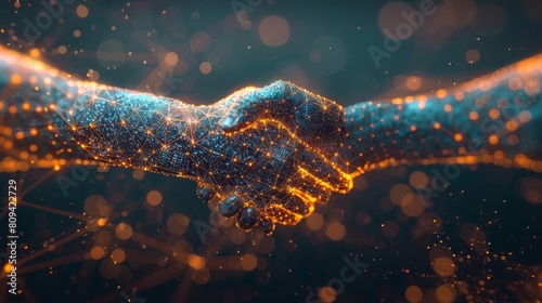 3D depiction of a digital handshake between avatars, symbolizing agreements and relationships formed online