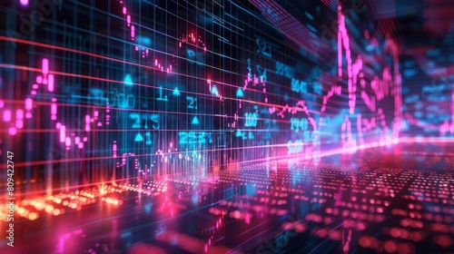 3D digital illustration of a financial graph showing stock market trends, with neon lines on a black grid, ideal for financial analysis