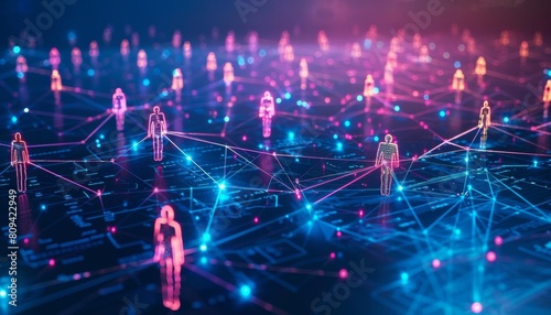 3D illustration of interconnected nodes with human silhouettes, symbolizing global social networking