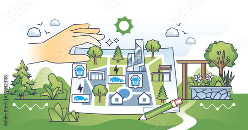 Urban planning and modern city design development outline hands concept. New district or residential area project construction with sustainable infrastructure and green parks vector illustration.