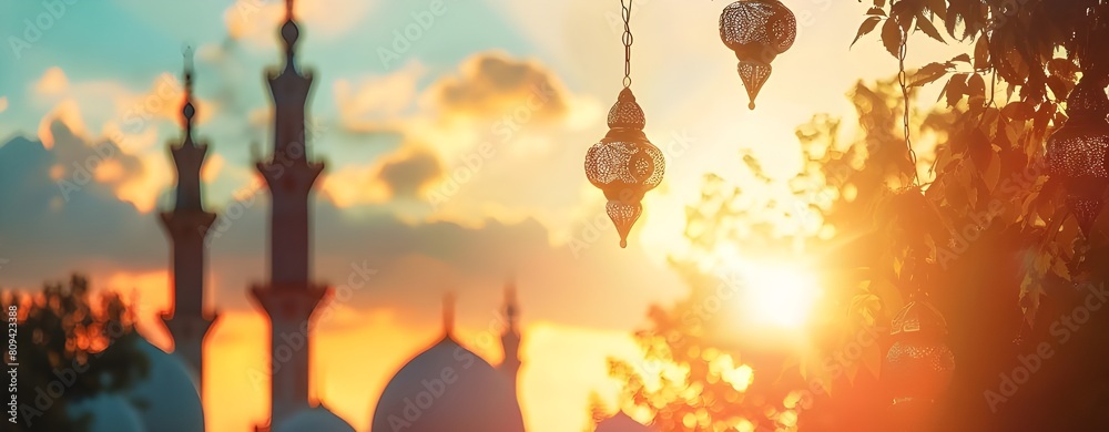 Photo focus a mosque with a beautiful dome and a tall . Serene Mosque Landscape.  
Stunning Mosque Architecture