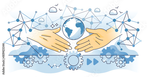 Stakeholder engagement and business communication outline hands concept. Corporative partnership and partners interaction for successful collaboration vector illustration. Agreement or deal handshake