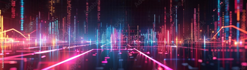 A sleek, modern 3D stock market visualization with neon accents, designed for a futuristic financial analysis presentation A sleek, modern 3D stock market visualization with neon accents, designed for a futuristic financial analysis presentation