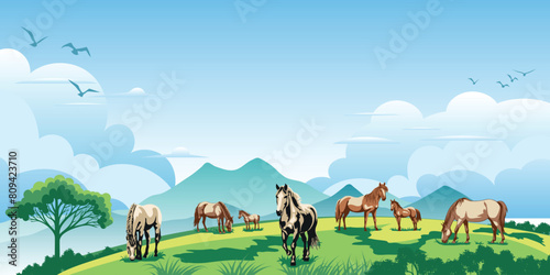 View of spring landscape, countryside, horses grazing in a green meadow, vector illustration