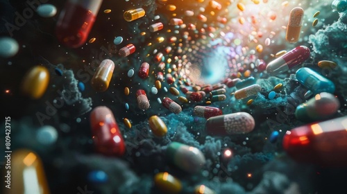 A swirl of assorted pills on a dark backdrop, depicting the complexity and variety in medication therapies photo