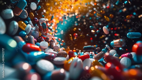 A swirl of assorted pills on a dark backdrop, depicting the complexity and variety in medication therapies photo
