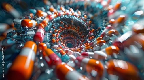 A tight spiral of pills leading inward, depicting the journey into personal health and internal medicine photo
