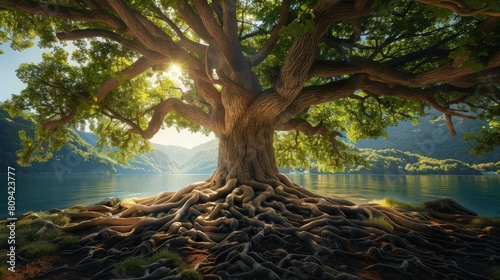 A tree with deep roots and broad branches  illustrating growth  strength  and stability