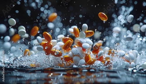 An abstract splash of pills dropped into water, capturing the moment of impact and the spread of medication effects