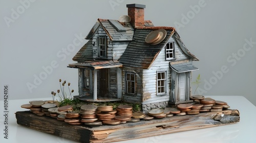 Haunted dollhouse with coins. Spooky Dollhouse with Mysterious Coins. Ghostly Dollhouse and Ancient Coins