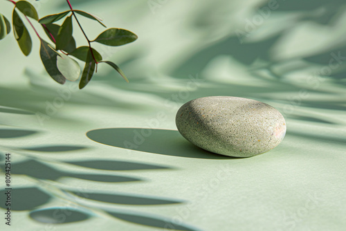 a stone sitting on a table next to a leaf